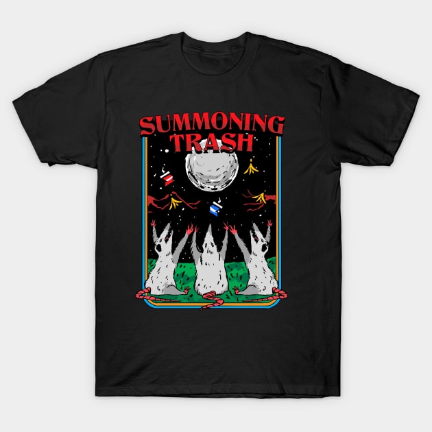 Three Opossums howling at the moon Summoning Trash funny Possum retro artwork T-Shirt by A Comic Wizard